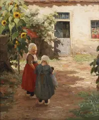 Evert Pieters, Two Young Girls in a Garden Setting with Sunflowers and Cottage, oil on canvas