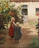 Evert Pieters, Two Young Girls in a Garden Setting with Sunflowers and Cottage, oil on canvas