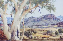 Albert Namatjira, Australian Landscape with Ghost Gum Tree and Mountains, early/mid-20th century watercolour