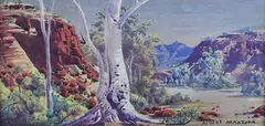 Albert Namatjira, Valley Landscape with Gum Trees, early/mid-20th century gouache on panel