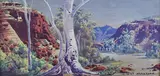 Valley Landscape with Gum Trees by Albert Namatjira, early/mid-20th century gouache on panel, sold Sep 2024