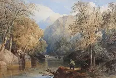 Cornelius Pearson, A Fisherman at a Pool in a Wooded Landscape, 1854, watercolour