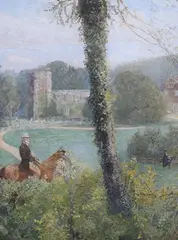 John William North, Two Figures on Horseback in a Landscape near a Church, possibly Bicknoller, Somerset, 1875, watercolour with gouache