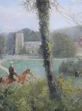 John William North, Two Figures on Horseback in a Landscape near a Church, possibly Bicknoller, Somerset, 1875, watercolour with gouache