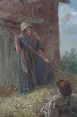 Frederic Shields, Farm Girl turning Hay near a Man resting, watercolour with gouache
