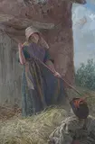Frederic Shields, Farm Girl turning Hay near a Man resting, watercolour with gouache