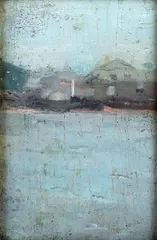 Paul Maitland, Barges, Battersea Riverside, oil on board