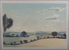 Landscape with Two Churches by Claughton Pellew-Harvey, 1912, watercolour with pen and ink, sold Sep 2024
