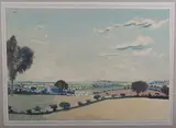 Claughton Pellew-Harvey, Landscape with Two Churches, 1912, watercolour with pen and ink