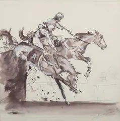 Horseracing Study by Edward Seago, ink with wash and gouache over pencil, sold Sep 2024