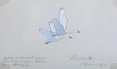 Peter Markham Scott, Berwick Swans, 1972, pen and ink with gouache