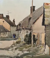 Edward Wesson, Village Scene with Thatched Cottage and Figures, watercolour