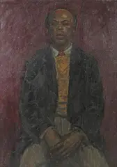 Gerald Rose, Three Quarter Length Portrait of a Black Man wearing a Jacket and Tie, seated on a Chair, oil on board