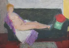 Gerald Rose, Reclining Female Nude on a Green Sofa, oil on canvas