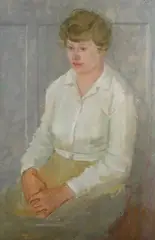 Gerald Rose, Three Quarter Length Portrait of a Seated Female wearing a White Blouse and Yellow Skirt, oil on canvas