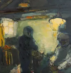 Lilian Strang Neilson, Fishermen Mending Creels, oil on board