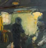 Lilian Strang Neilson, Fishermen Mending Creels, oil on board