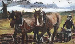 George Manchester, Ploughing, oil on board