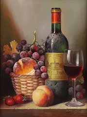 Château Fonreaud 2003 (Still Life with Wine Bottle, Glass, Grapes, Bread, Basket, Strawberries and Peach) by Raymond Campbell, early 21st century oil on board, sold Sep 2024