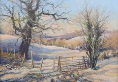 Mervyn Goode, A Sprinkling of Snow in the Hangers, early 21st century oil on canvas