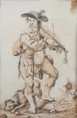 Man wearing Ragged Clothing playing a Violin beside a Dog gnawing a Bone by Daniel Düringer, pen with ink and wash on laid paper, sold Jun 2024