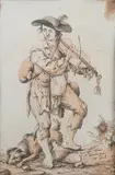 Daniel Düringer, Man wearing Ragged Clothing playing a Violin beside a Dog gnawing a Bone, pen with ink and wash on laid paper