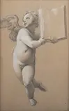 Camille-Auguste Gastine, Putti holding Books, a pair of 19th century pencil with chalk drawings