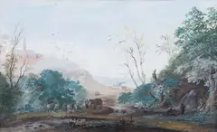 Abraham Rademaker, Landscape with Church, Figures and Horses, watercolour with gouache
