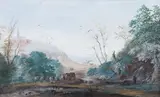 Abraham Rademaker, Landscape with Church, Figures and Horses, watercolour with gouache