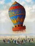 Victor Philippe Fr. Lemoine-Benoit, 100 meter dessus de la Terre’ (Hot Air Balloon ascending with Figures in a Field near a Village), oil on panel