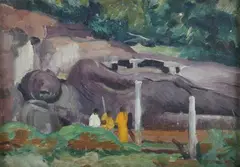 Charles Freegrove Winzer, Gal Vihare at Polonnaruwa, Ceylon’ (Gal Viharaya, Uttararama, Sri Lanka), oil on canvas-board