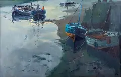 Jack Cox, Harbour Scene with Boats, oil on board