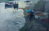 Jack Cox, Harbour Scene with Boats, oil on board