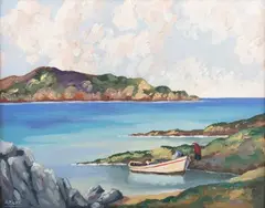 Coastal Landscape with Boat and Figures, probably Donegal, Ireland by Anne Primrose Jury, oil on canvas, sold Jun 2024
