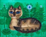Sheila Flinn, Cat with Blue Eyes and Sunflower, oil on canvas-board