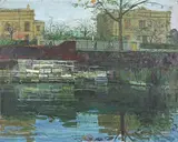 Gerald Rose, Regents Canal, Maida Vale, oil on board