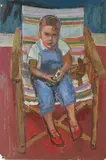 Gerald Rose, Full Length Portrait of a Boy seated on a Striped Deckchair with Teddy Bear, oil on board