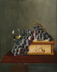 Charles A. Browning, Still Life with Grapes, Wine Glass and Casket on a Ledge, 1955, oil on canvas