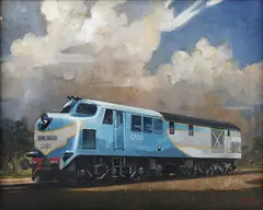 Leslie Carr, Sunlander 1200’ (Diesel Locomotive Train), oil on canvas-board
