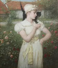 George Henry Boughton, Three Quarter Length Portrait of a Girl with a Cat on her Shoulder, in a Rose Garden, oil on canvas laid onto board