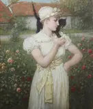George Henry Boughton, Three Quarter Length Portrait of a Girl with a Cat on her Shoulder, in a Rose Garden, oil on canvas laid onto board
