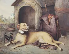 Robert Richard Scanlan, Mastiff and Miniature Pinscher before a Kennel, watercolour