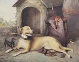 Robert Richard Scanlan, Mastiff and Miniature Pinscher before a Kennel
