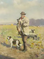 Fred Hall, Shepherd in a Field holding a Lamb, a Sheepdog at his Feet, oil on board