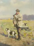 Fred Hall, Shepherd in a Field holding a Lamb, a Sheepdog at his Feet, oil on board