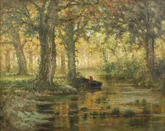 Louis Pulinckx, River Landscape with Trees and Figure in a Boat, oil on canvas