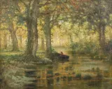 Louis Pulinckx, River Landscape with Trees and Figure in a Boat, oil on canvas