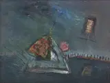 Anne Batty, Fortune’s frailty, oil with collage on board