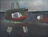 Anne Batty, Ocean’s overpowering murmurs, oil with collage on board