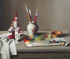 Manuel Blesa, Still Life with Clown Doll, Artist’s Palette and Brushes in a Ceramic Vase, oil on canvas